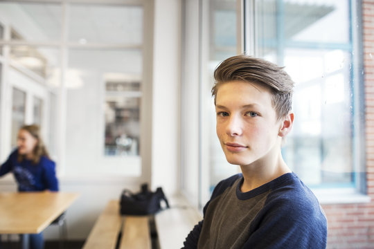 Portrait of schoolboy (12-13) looking at camera