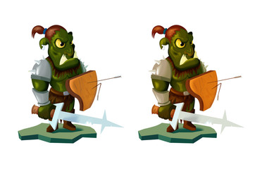 Cartoon style illustration of an orc warrior wielding sword and shield. front on white background.