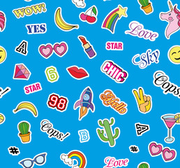 Seamless pattern with Fashion patches. stickers, pins, patches and handwritten notes collection in cartoon 80s-90s comic style. Trend. Vector illustration. Vector clip art.