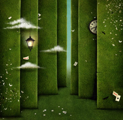 Conceptual illustration of green maze and fantasy objects - obrazy, fototapety, plakaty