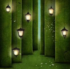 Plakaty  Koncepcyjna ilustracja zielonego labiryntu i latarni ulicznej