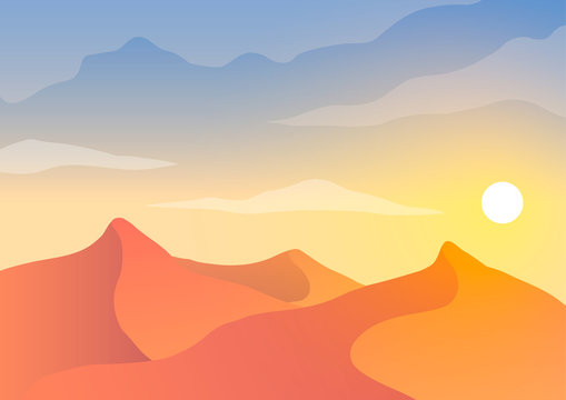 Sunset in sandy desert. Vector illustration.