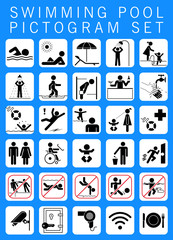Swimming pool pictogram set. Collection of premium quality pictograms giving information, bans and warnings for swimming pool visitors.