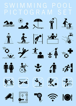 Swimming pool pictogram set. Collection of premium quality pictograms giving information, bans and warnings for swimming pool visitors.