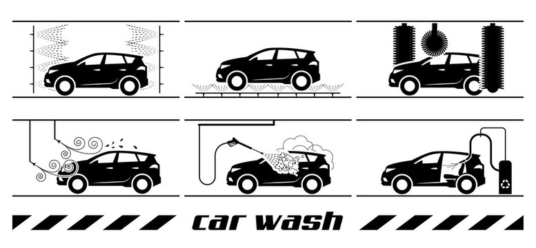 Collection of very useful icons for car wash. Whole process of car wash presented through pictograms.