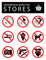 Set of prohibition signs for stores.