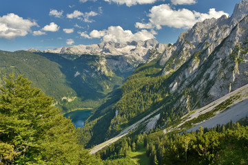 View from Gosaukamm cable car into Gosau valley with Gosau Lake and Dachstein mountain range