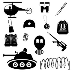 Collection of vector black military icons on white background.