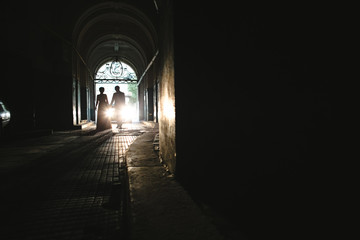 Beautiful luxury newlyweds holding hands