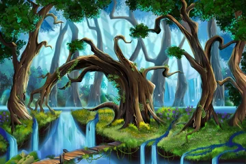 Fotobehang Kinderen Water bos. Digitaal CG-kunstwerk van videogame, conceptillustratie, realistische achtergrond in cartoonstijl