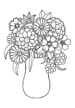 Vector doodle floral illustrated in black and white. Bouquet of flowers in a vase
