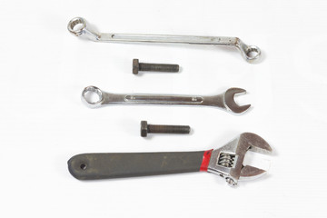 tool set calipers wrench nut bolt on white Texture