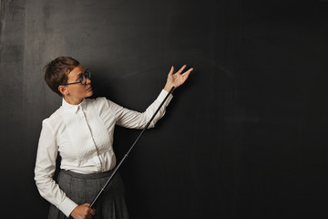Female teacher with pointer at blackboard