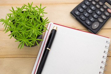 pen and diary notebook with green plant on wooden desk 