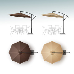 Vector Set of Brown Beige Blank Patio Outdoor Beach Cafe Bar Pub Lounge Restaurant Round Umbrella Parasol for Branding Top Side View Mock up Close up Isolated on White Background