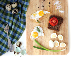 Breakfast with quail eggs flat lay