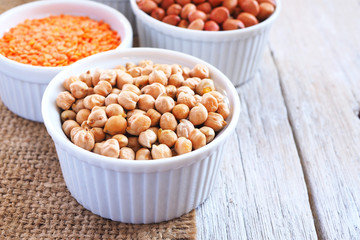 Close up of a bowl of chickpeas on a wooden table.