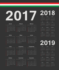 Set of black Hungarian 2017, 2018, 2019 year vector calendars