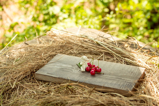 cherry on wooden board with valentine agel