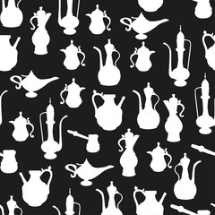 Eastern dishes. Utensils. Seamless pattern of spots of St. the form of the national Oriental dishes. Template for printing on fabric, textile, wrapping paper. Creating website design.