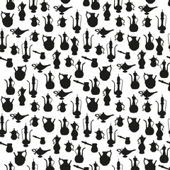 Eastern dishes. Utensils. Seamless pattern of spots of St. the form of the national Oriental dishes. Template for printing on fabric, textile, wrapping paper. Creating website design.