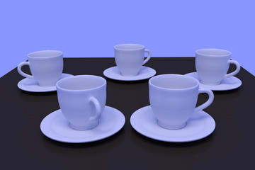 Fototapeta na wymiar weiße Kaffeetassen mit Untertasse auf einer dunklen, spiegelnden Fläche mit hellblauem Hintergrund