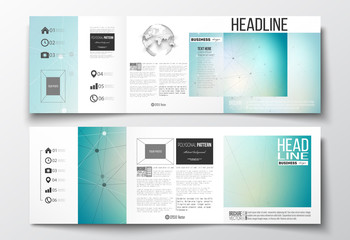 Vector set of tri-fold brochures, square design templates. Molecular construction with connected lines and dots, scientific pattern on gray background.