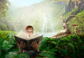 Boy reading a wonderful fairy-tale story.