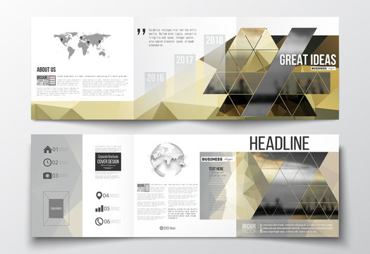 Set of tri-fold brochures, square design templates . Colorful polygonal background with blurred image, seaport landscape, modern stylish triangular vector texture.