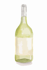 Watercolor white wine bottle. Isolated painted bottle of white wine. Restaurant menu and celebration drinking.