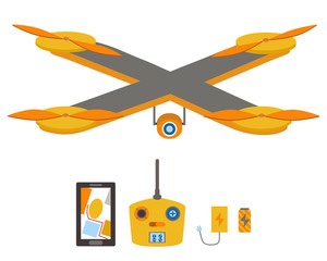 Bright quadrocopter, remote control, navigation system, battery and charger set.