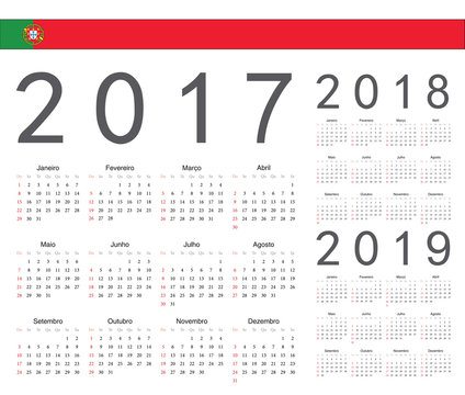 Set of Portuguese 2017, 2018, 2019 year vector calendars