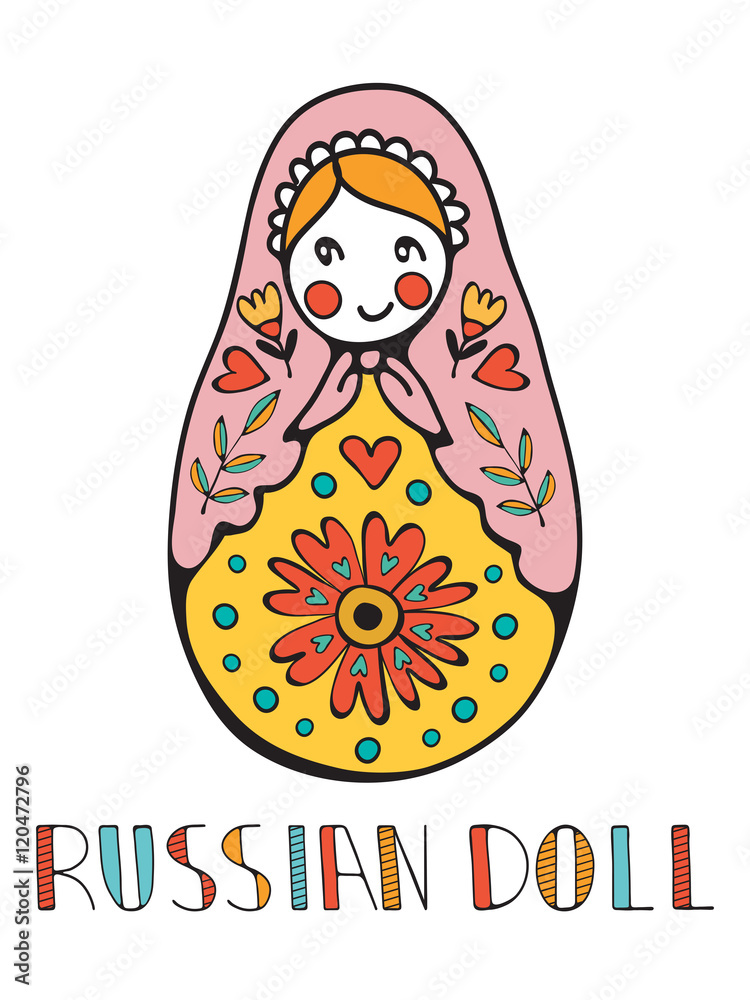 Wall mural Colorful card with cute russian doll