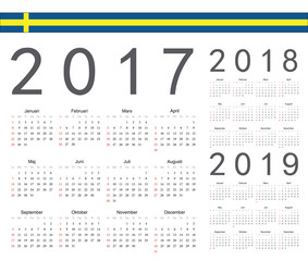 Set of Swedish 2017, 2018, 2019 year vector calendars