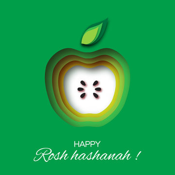 Rosh Hashanah holiday. Origami Greeting card Jewish New Year. Green background with apple. Vector design illustration