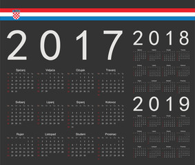 Set of black Croatian 2017, 2018, 2019 year vector calendars