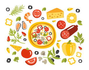Pizza Preparation Set Of Ingredients Illustration