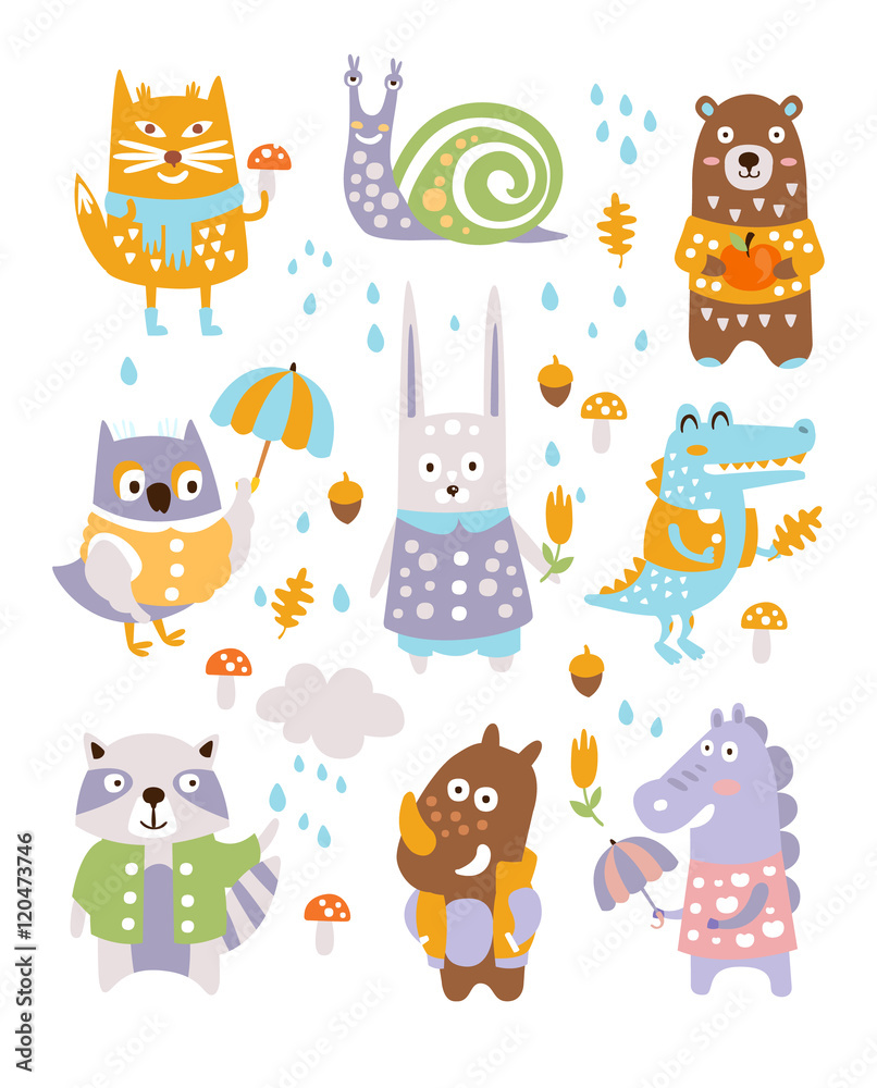 Sticker animal woodland autumn vector set