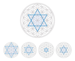 Blue hexagram in Flower of Life, a geometrical figure, composed of multiple evenly-spaced, overlapping circles, forming a flower-like pattern. Hexagram, six-pointed geometric star figure. Illustration