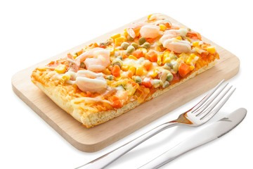 Homemade delicious fresh a slice of pizza on wooden plate.