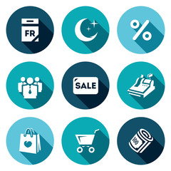 Vector Set of Black Friday Icons. Calendar, Night, Discount, People, Sale, Cash, Shopping bag, Purchase, Money.