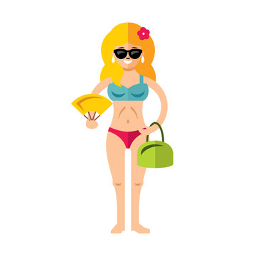 Vector Beach Girl. Flat style colorful Cartoon illustration.