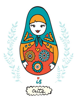 Colorful card with cute russian doll