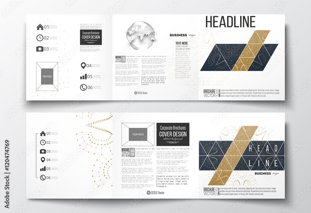 Poster set of tri-fold brochures, square design templates. abstract polygonal low poly backdrop with connec