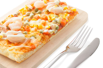 Homemade delicious fresh a slice of pizza on wooden plate.