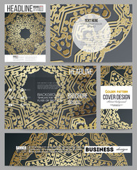 Set of business templates for presentation, brochure, flyer or booklet. Golden microchip pattern on dark background with connecting dots and lines, connection structure. Digital scientific vector