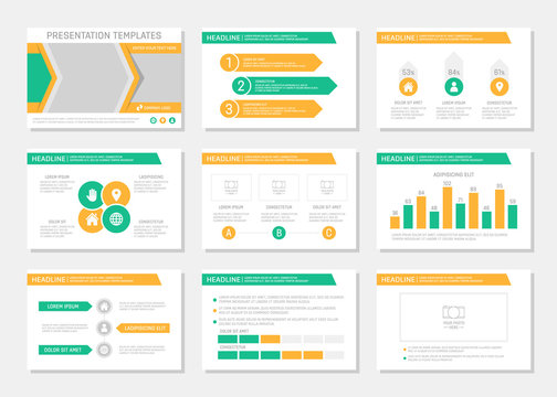 Set of green and yellow template for multipurpose presentation slides. Leaflet, annual report, book cover design.