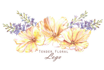 Hand-drawn watercolor floral spring logo. Yellow tulips and blue hyacinth flowers. Beautiful and tender blossom in the bouquet.