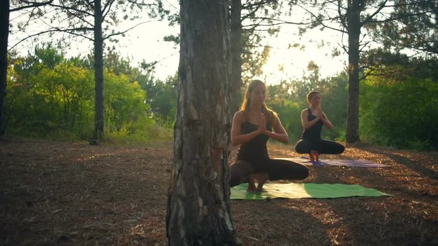 Girls practicing yoga meditating at sunset in forest Slow motion