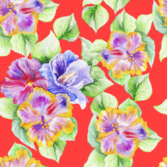 hibiscus in the summer garden. watercolor art. pattern